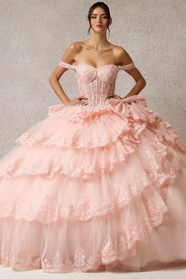 Off Shoulder Bone-In Corset Tier Skirt Ball Gown